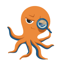 an orange-and-blue octopus with an intense but curious expression, holding a magnifying glass to his eye